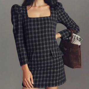 ชุดเดรสมินิทรงเอลายสก๊อตผ้าทวีดสำหรับผู้หญิง คอเหลี่ยม แขนพอง สวมใส่ได้ทั้งงานทางการและทำงานในออฟฟิศ - Product Image 1