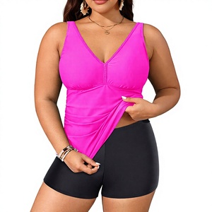 Traje de Baño de Dos Piezas para Mujer, Talla Grande, Color Sólido, Pantalones Cortos, Control de Abdomen, Tankini, Ropa de Baño Deportiva, Spandex/Nailon, Rosa Intenso, 18 Plus - Product Image 2