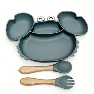 Juego de vajilla de silicona con cuchara de madera, plato dividido de 4 compartimentos, plato de cena, tazón de cangrejo para bebé, tenedor al por mayor, gran capacidad - Product Image 3