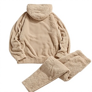 Ensemble sweat à capuche et pantalon unisexe en polaire Sherpa, couleur unie, coupe ample, manches longues, survêtement décontracté d'hiver avec poches et taille élastique - Product Image 2