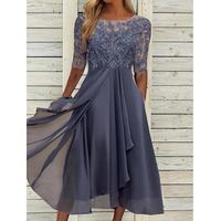 Robe longue élégante pour femme en mousseline unie et dentelle, écologique et lavable, à manches courtes, ajourée, coupe trapèze, pour demoiselle d'honneur et soirée