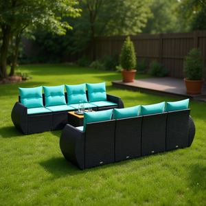 Set Divano da Esterno in Polyrattan Nero 9 Pezzi, Arredamento da Giardino, Sedute per Esterni dal Design Contemporaneo con Cuscini - Product Image 2