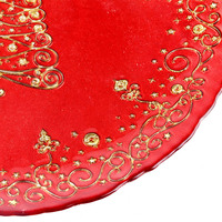 Assiettes de présentation en verre rouge écologiques en gros, motif sapin de Noël gaufré or, plateau décoratif pour service, assiette de mariage