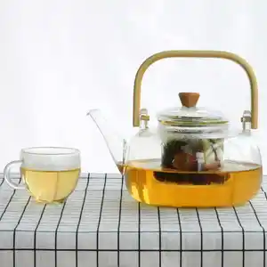 透明硼硅酸盐玻璃茶壶套装耐热透明玻璃茶壶竹盖，带可拆卸浸泡器和木质手柄