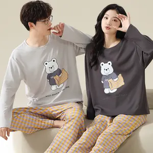 Factory Wholesale spring daily 2 piece sleepwear set Leisure long sleeve night wear lovers Classic cotton pajamas for couple