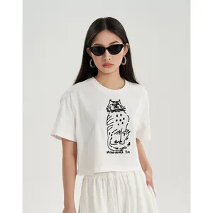 Blusa informal de algodón de alta calidad para mujer, camiseta de manga corta, camiseta de verano con estampado de transferencia de calor, tops para mujer