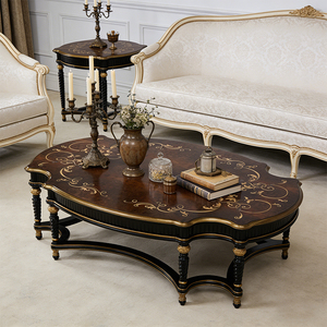 Mesa de <span class=keywords><strong>Centro</strong></span> Clásica Europea Hecha a Mano de Madera Maciza con Lámina de Oro y Chapa de Madera Multicolor, Mueble de Lujo - Product Image 1