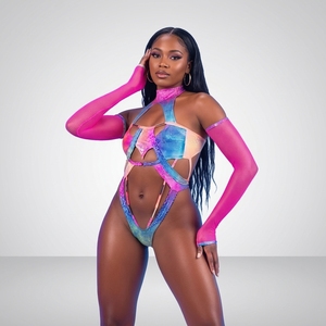 Traje de baño OEM para el Carnaval de Trinidad, estilo Monokini Jouvert, <span class=keywords><strong>sexy</strong></span>, holográfico, con recortes, mangas de malla, para el desfile de Miami - Product Image 1