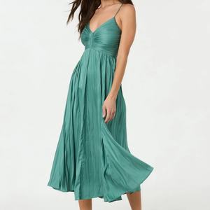 Robe mi-longue A-ligne personnalisée pour femmes décontracté plissé Design réglable Spaghetti sangle froncé décoration motif solide naturel - Product Image 2