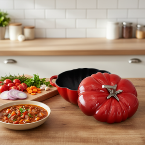 หม้อซุปทรงมะเขือเทศเคลือบสีแดงคุณภาพสูง ความจุขนาดใหญ่ ทำจากเหล็กหล่อ พร้อมฝาปิด ใช้สำหรับอบอาหาร เป็นมิตรกับสิ่งแวดล้อม ไม่ติดกระทะ - Product Image 4