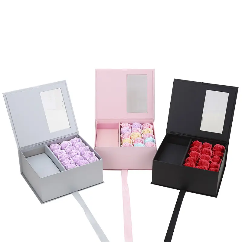 Custom fashion rigid magnetic flower gift box with window pink box with ribbon bow