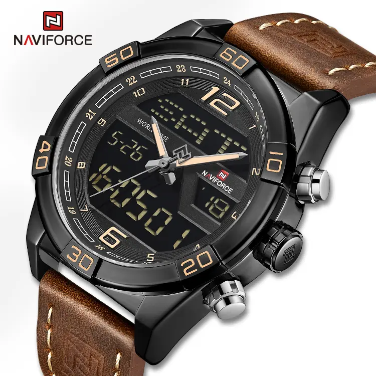 NAVIFORCE 9128 BYDBN Men Leather Quartz Watches Mens Casual Sport Wrist Watch Male LED Date Analog Digital Clock