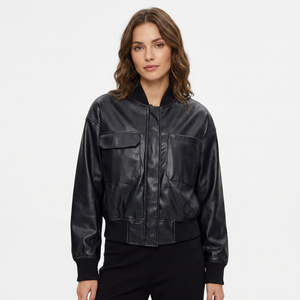 Womens Real <b>Black</b> Leather <b>Jacket</b> Ribbed Collar Sheepskin Hidden Placket Flap Pockets Bomber Coat Custom Autumn Winter Outerwear - Product Image 1