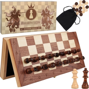Juego de Ajedrez de Lujo de Madera de 12 Pulgadas Hecho a Mano con Tablero Plegable Magnético y Piezas <span class=keywords><strong>Staunton</strong></span> para Torneos de Adultos con Caja de Almacenamiento Duradera - Product Image 1