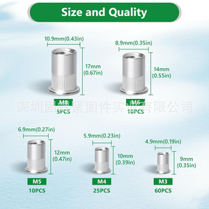304 Stainless Steel Flat Head Rivet Nuts M3 M4 M5 M6 M8 Metric Threaded Insert Assortment 100pcs - Product Image 5