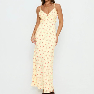 Vestido Maxi de Mujer con Tirantes Finos, Cuello en V, Estampado Floral Amarillo Vintage, Lazo, Volantes en el Busto y Espalda Fruncida, Ideal para Verano, Primavera y Otoño - Product Image 4