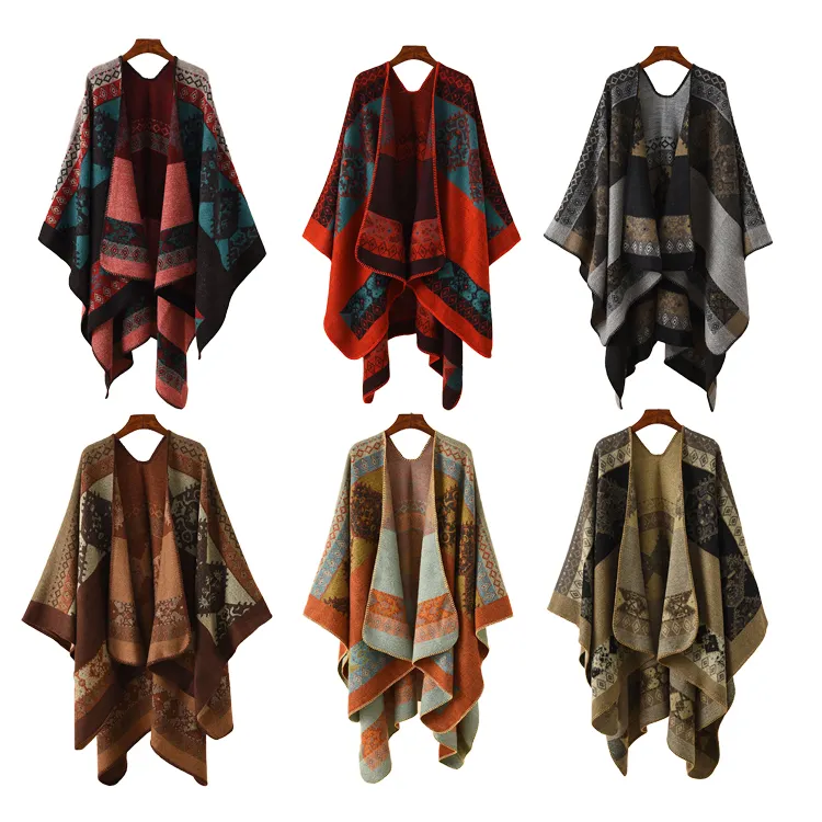 Fabricantes de bufandas acrílicas de estilo étnico para mujeres, Poncho cárdigan grueso y cálido, térmico, elegante, tipo Jacquard