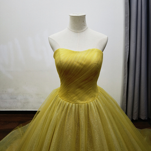 Impresionante Vestido de Noche con Hombros Descubiertos, Vestido de Fiesta de Tul Amarillo con Lentejuelas Mz0062 - Product Image 6