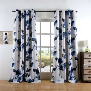 Blue Printed Black Out Curtains/Luxury and Elegance Grommets Curtains for Living Room and Bedroom