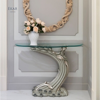 Table en verre sculpté à la main demi-lune, Console de luxe, 1 pièce