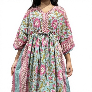 Women's Floral Printed Cotton Kaftan Maxi <b>Dress</b> <b>Boho</b> Lounge <b>Summer</b> Autumn Breathable A-Line Relaxed Fit V-Neck XXS - Product Image 1