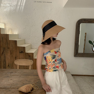 <span class=keywords><strong>Sombrero</strong></span> de paja con lazo para mujer y niña, gorro de paja con lazo de ala ancha para playa y sol, gorra de Panamá plegable - Product Image 4