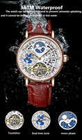 Montre mécanique pour homme KINYUED, mouvement automatique, phase de lune, bracelet en cuir, étanche 3ATM, plusieurs fuseaux horaires