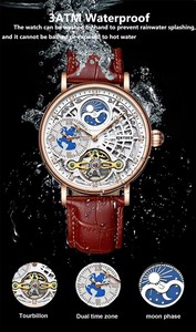 Montre mécanique pour homme KINYUED, mouvement automatique, phase de lune, bracelet en cuir, étanche 3ATM, plusieurs fuseaux horaires - Product Image 3