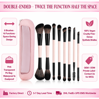 Ensemble de 8 pinceaux de maquillage portables à double embout, logo personnalisé, vente en gros, rose, synthétiques, pour le visage et les yeux, cosmétiques, sac de voyage en PU