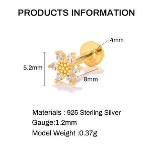 Pendientes de Plata de Ley S925 con Zirconia en Forma de Girasol de 16G, con Parte Posterior Plana y Rosca Interna - Product Image 4
