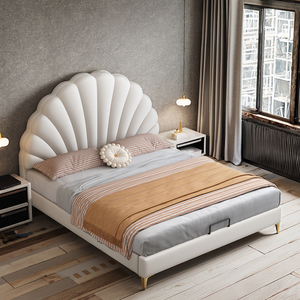 Lit double en cuir souple de style crème moderne Lit pour enfants Lit pour enfant avec cadre en bois massif et armoire de rangement - Product Image 1