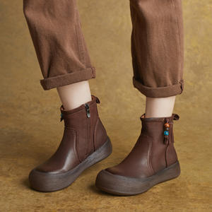 Botines con Cierre Lateral, Otoño Invierno, Nuevo Estilo Británico, Cuero Genuino, Punta Redonda, Tacón Plano, Botines Pop Over, Botas Martin, Zapatos de Mujer - Product Image 2