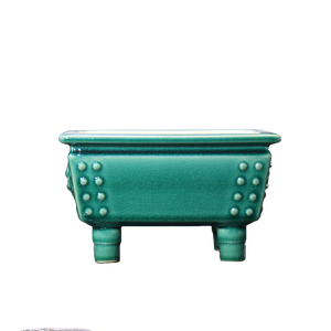 Rectangular Ceramic Bonsai <b>Pot</b> With Animal Face Knob Drum Shape Incense Burner <b>Tall</b> Footed Tripod Japanese Style - Product Image 5