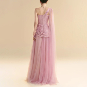 فستان سهرة راقي للنساء من ZYHT بكتف واحد لون وردي من التل مع جسم راقي وتفاصيل الرأس - Product Image 4