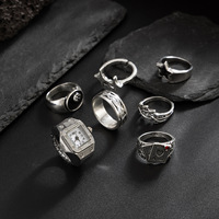 Ensemble de 7 bagues de montre de style gothique hip-hop pour hommes et femmes, vintage punk, étoile à cinq branches, horloge, empilage irrégulier, bijoux de doigt