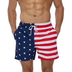 Wholesale Custom Design Polyester Drawstring USA Flag Digital Print Outdoor Sports Quick Dry Swim Trunks Men's Swim Shorts