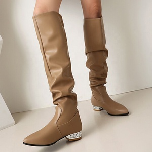 Bottes longues souples à talons carrés bas et bout pointu, grande taille 48, pour femmes, coupe large, plates, hauteur genou - Product Image 4