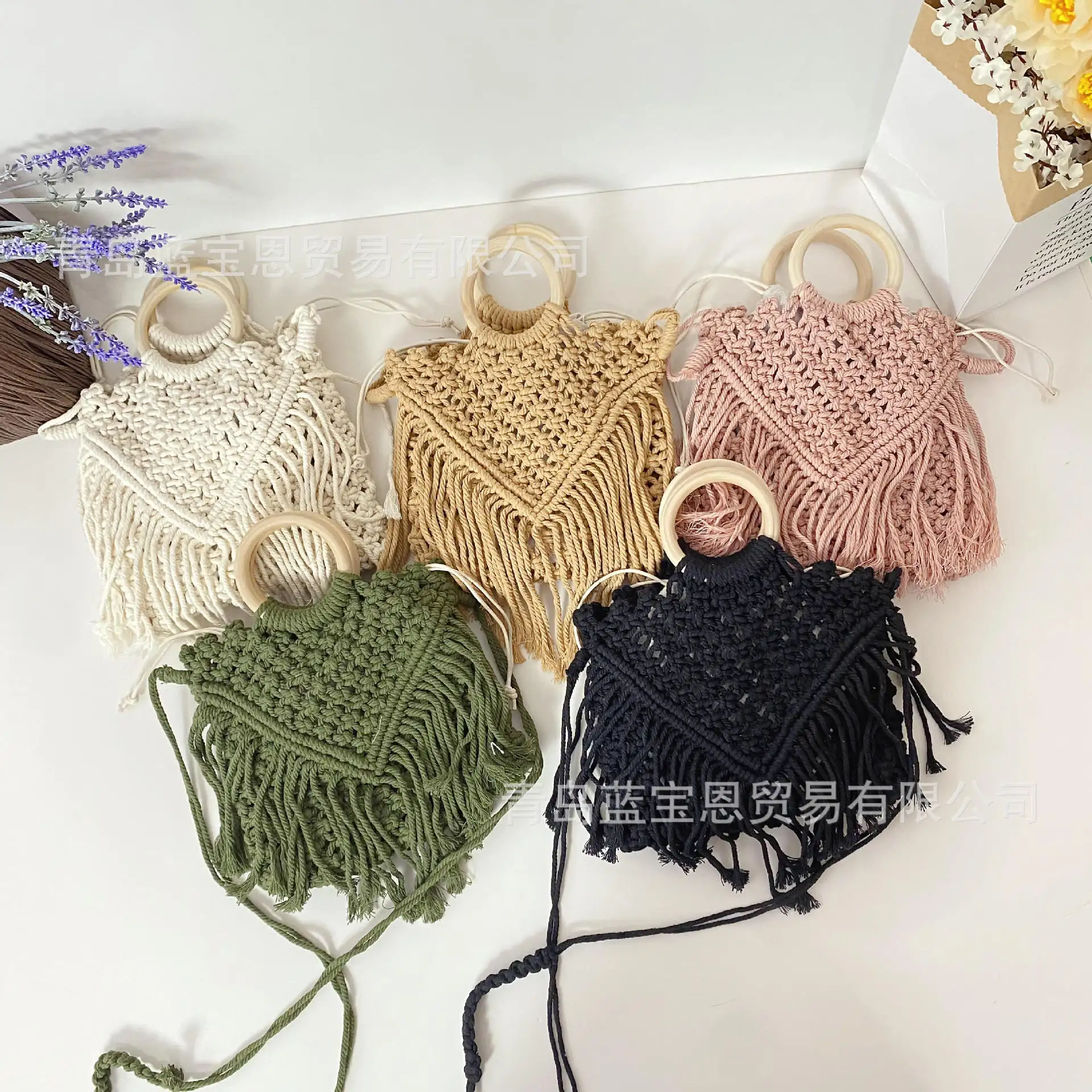 Wholesale Large Hand Woven Cotton Macrame Beach Bag Hot Selling Straw Purse Tassel Boho Hippie Shoulder bag