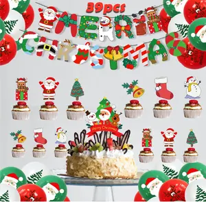 Noël guirlande arbre cloche Père Noël bonhomme de neige elfe bas canne bonbons papier bannières cupcake toppers ballons pour fête de noël décor ensemble