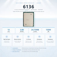 6136 Server CPU 12 Core 3.0GHz LGA3647 24.75MB SR3B2 150W Penyimpanan Enterprise Database Komputasi File ERP