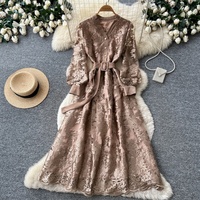 Robe élégante pour femmes en dentelle rouge à manches longues, col en V, coupe trapèze, décontractée, avec ceinture, pour les fêtes et le quotidien, robes pour femmes, robe élégante pour femme