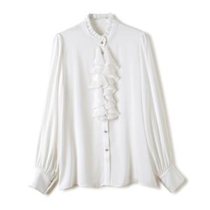 Camisa de seda de manga larga para mujer, blusa de moda con cuello con volantes y frente - Product Image 1