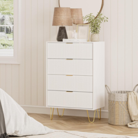 Commode haute moderne en bois à 6 tiroirs avec pieds en métal, meuble blanc rayé pour petite chambre et salon