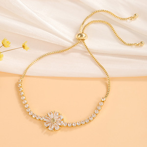 Flower Shape <b>Copper</b> Alloy <b>Bracelet</b> Gold And White Channel Setting Stretchable Jewelry For Women - Product Image 4