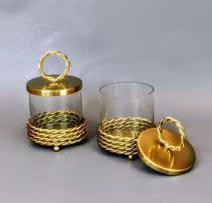 Luxury Glass <b>Storage</b> Jar with Metal Lid Decorative <b>Container</b> with Gold Base for Home Decor and Kitchen Uses - Product Image 1