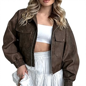 <b>Vintage</b> Distressed Brown <b>Leather</b> <b>Jacket</b> <b>Women</b> Cropped Bomber <b>Jacket</b> Zipper Patch Pocket Streetwear Moto Outerwear - Product Image 4