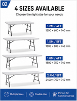 Tables pliantes commerciales USA DDP - 4FT-8FT en HDPE+Fer pour banquets extérieurs, traiteur et événements, avec garantie 1 an