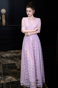 <span class=keywords><strong>XXL</strong></span> <span class=keywords><strong>vestido</strong></span> largo 2026 Primavera Verano boda fiesta señora Sexy cuello en V ahueca hacia fuera bordado media manga largo púrpura blanco <span class=keywords><strong>vestido</strong></span> Maxi - Product Image 2