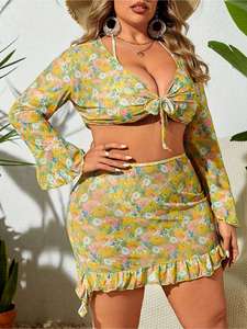Nuevo conjunto de Bikini para <span class=keywords><strong>mujer</strong></span>-Estampado floral pequeño de cuatro piezas, diseño de busto de talla <span class=keywords><strong>grande</strong></span>, estilo separado para vacaciones en la playa - Product Image 4