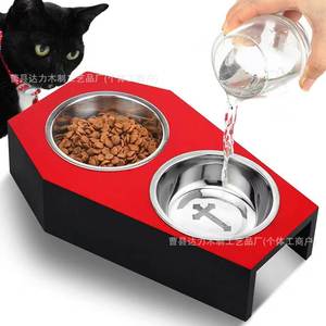 Comedero Doble Elevado para Mascotas, Estilo Gótico de Halloween, Base de Madera, Antideslizante y Resistente a la Humedad, para Perros y Gatos - Product Image 5